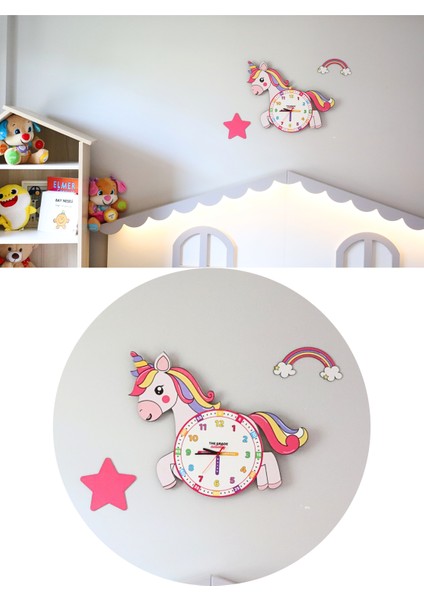 Ahşap Unicorn Temalı Çocuk Odası Duvar Saati Eğitici Saat Çocuk Odası Saat Dekoratif Saat indirimleri