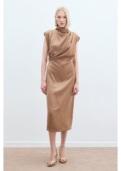 Düğme Detaylı Uzun Elbise - Camel fiyatları