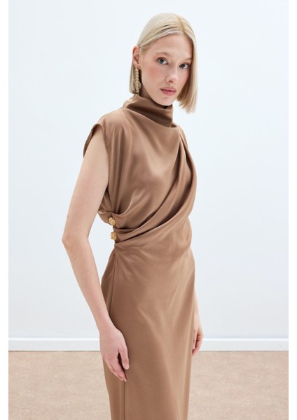 Düğme Detaylı Uzun Elbise - Camel indirimleri