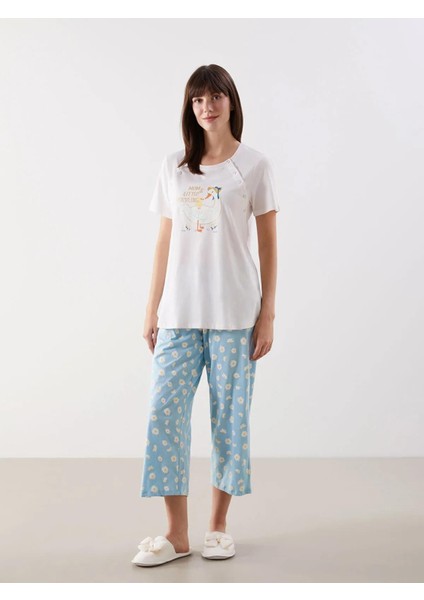 Lcw Dream Bisiklet Yaka Baskılı Hamile Kaprili Pijama Takımı (S5)