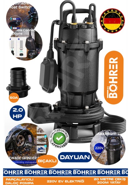 Bıçaklı Alman 1.5 Kw 2.0 Hp 220V Ultra Kalite Demir Drenaj Logar Pis Su Parçalayıcılı Çelik Gövde Dalgıç Tahliye Pompası | 20 Derinlik -200M Yatay | 2" Su Çıkış Ağzı