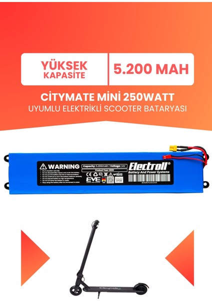 Citymate Mini 250watt Batarya 24v (YÜKSEK KAPASİTE) 5200mah Pil Elektrikli Scooter Bataryası Değişim