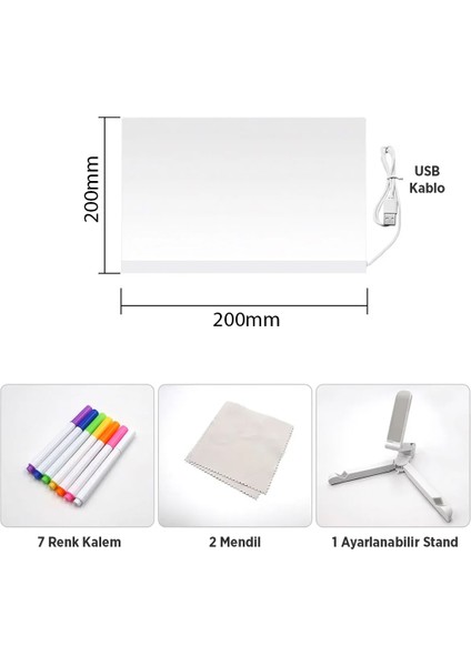 20 x 20 Cm, 7 Renkli Kalem, Dekoratif LED Aydınlatmalı, Şeffaf Işıltılı Yazı, Çizim Panosu , Parlayan Akrilik LED Not Panosu, Işıklı Kuru Silme Panosu, Parlak, fırsatları