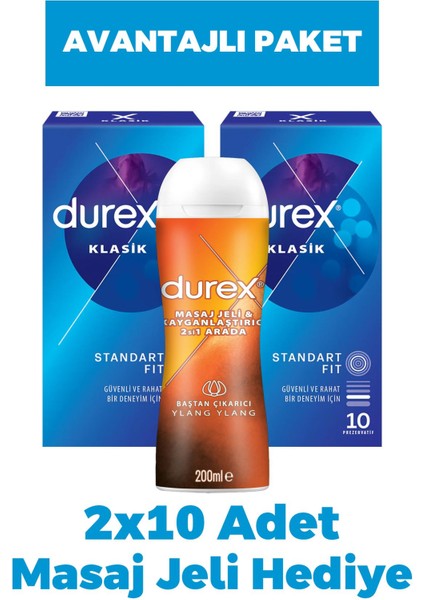 Asfstore Durex Klasik Prezervatif 10'lu 2 Adet + Masaj Jeli Hediye
