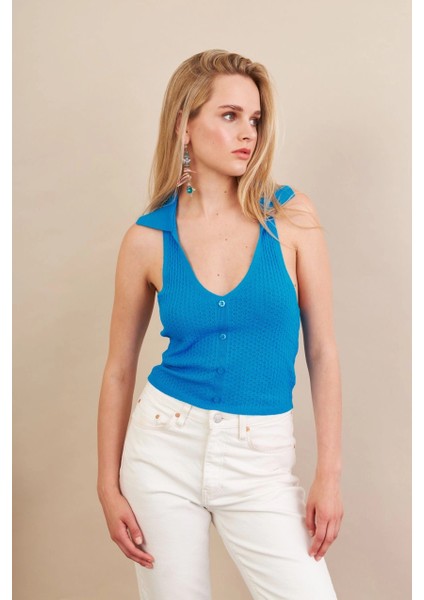 Kadın Turkuaz Sırtı Açık Bluz ZH01-90 fırsatları