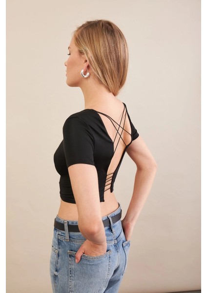 Kadın Siyah Sırtı Açık Crop Bluz AN6038 fiyatları