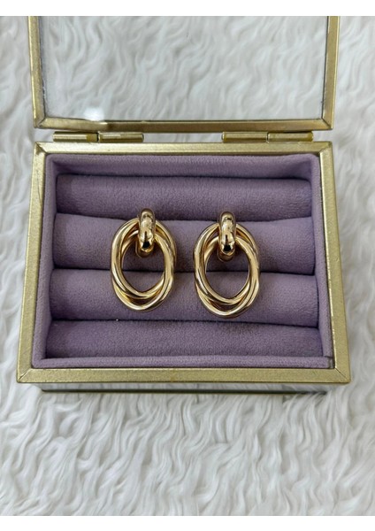 Iç Içe Sarmal Kalın Halka Model Gold Renk Çelik Küpe