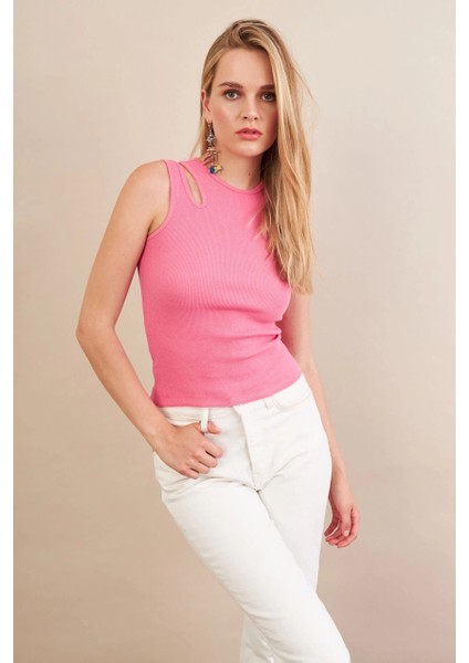 Kadın Pembe Omuz Pencereli Bluz MK20