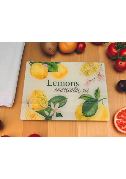 Temperli Cam Sebze Meyve Doğrama Kesme Tahtası, Kenarları Oval, Antibakteriyal Limon Desenli 25X35CM ve 20X30CM