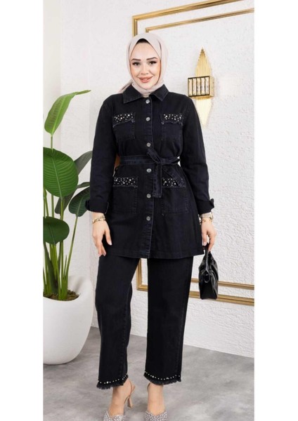 Kadın Taş Detaylı 2li Takım Kot Ceket Pantolon