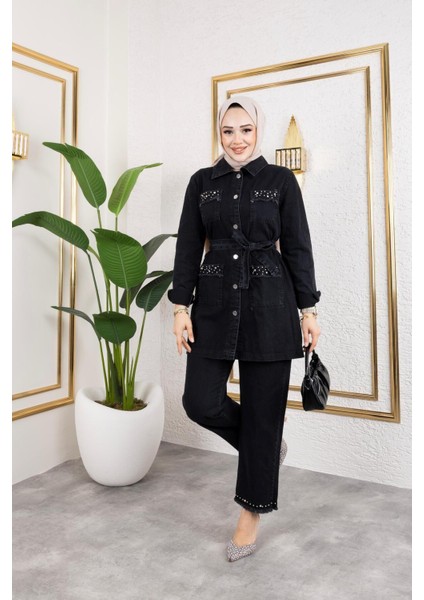 Kadın Taş Detaylı 2li Takım Kot Ceket Pantolon fiyatları