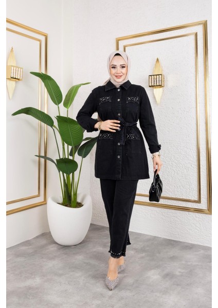 Kadın Taş Detaylı 2li Takım Kot Ceket Pantolon modelleri