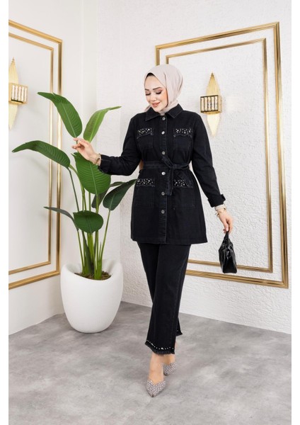 Kadın Taş Detaylı 2li Takım Kot Ceket Pantolon fırsatları