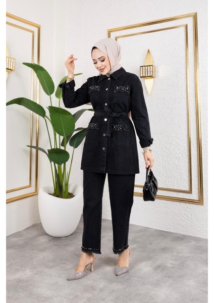 Kadın Taş Detaylı 2li Takım Kot Ceket Pantolon indirimleri