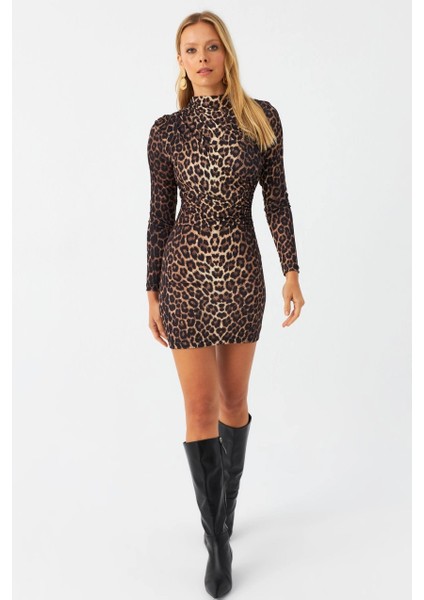 Kadın Camel-Siyah Drapeli Mini Leopar Elbise DMR386