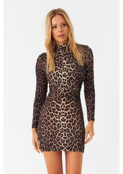 Kadın Camel-Siyah Drapeli Mini Leopar Elbise DMR386