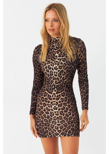Kadın Camel-Siyah Drapeli Mini Leopar Elbise DMR386