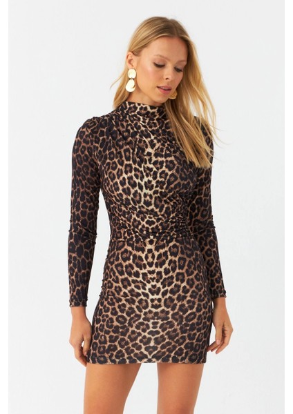 Kadın Camel-Siyah Drapeli Mini Leopar Elbise DMR386