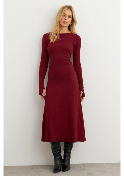 Kadın Bordo Bağlamalı Kaşkorse Midi Elbise MFRY2268 modelleri