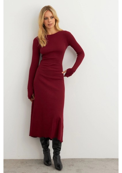 Kadın Bordo Bağlamalı Kaşkorse Midi Elbise MFRY2268 fırsatları