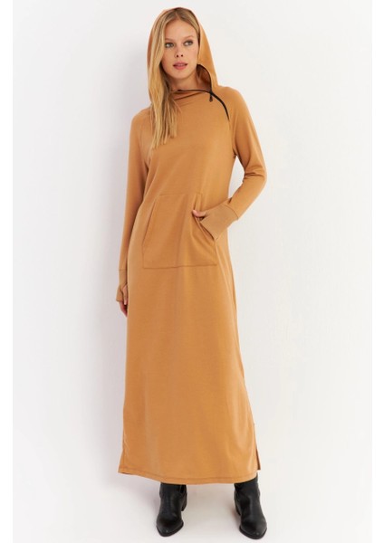 Kadın Camel Yakası Fermuarlı Maxi Sweat Elbise MTF12