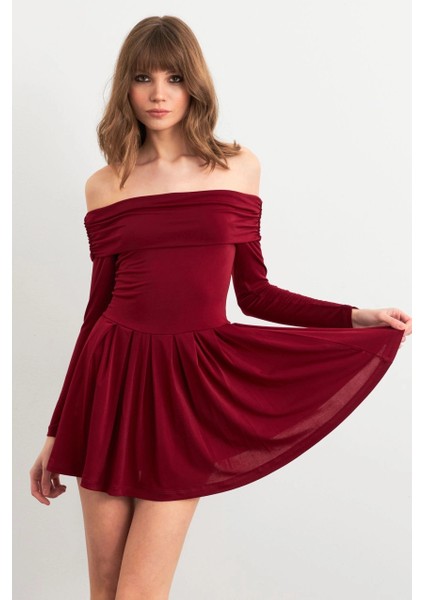 Kadın Bordo Madonna Yaka Midi Elbise MON1262