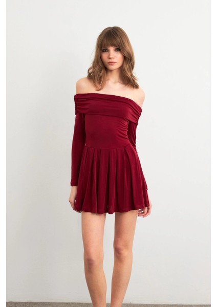 Kadın Bordo Madonna Yaka Midi Elbise MON1262 modelleri