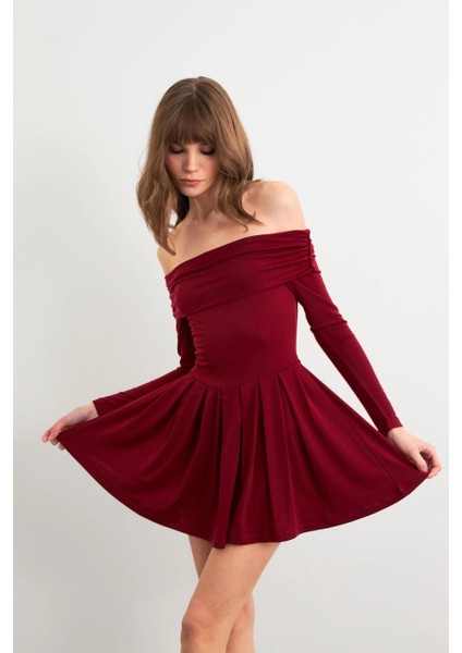 Kadın Bordo Madonna Yaka Midi Elbise MON1262 fırsatları
