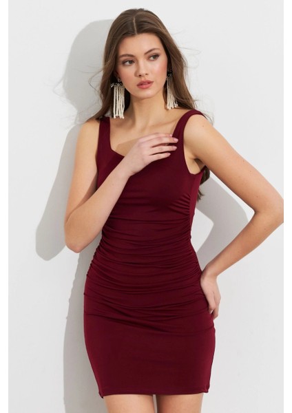 Kadın Bordo Kare Yaka Büzgülü Mini Elbise FRY2308 modelleri