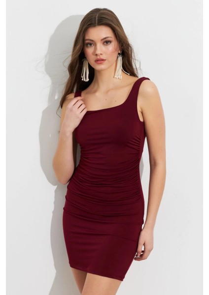 Kadın Bordo Kare Yaka Büzgülü Mini Elbise FRY2308 fırsatları