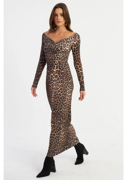 Kadın Camel-Siyah Kruvaze Leopar Maxi Elbise LİK11