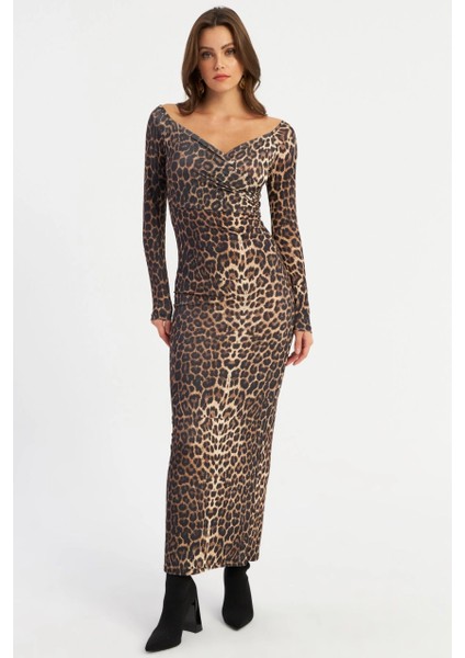 Kadın Camel-Siyah Kruvaze Leopar Maxi Elbise LİK11 modelleri