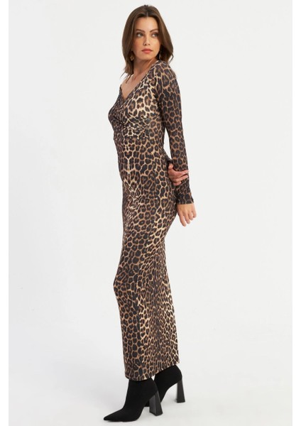 Kadın Camel-Siyah Kruvaze Leopar Maxi Elbise LİK11 fırsatları