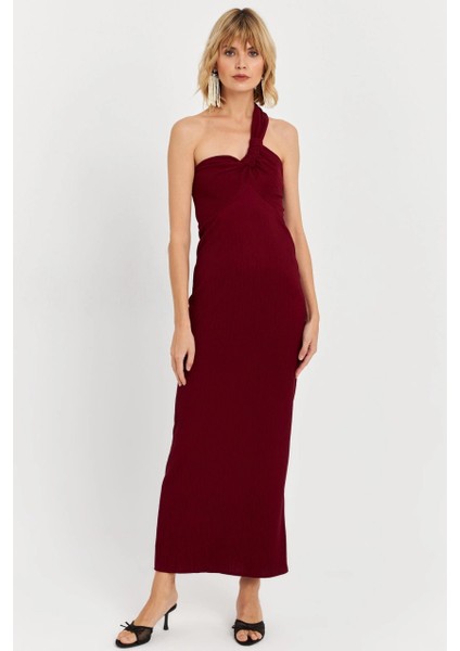 Kadın Bordo Asimetrik Yaka Maxi Elbise NH25455 fiyatları