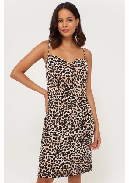 Kadın Camel Leopar Desenli Degaje Yaka Elbise LPP1130