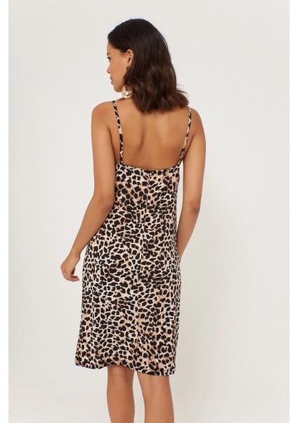 Kadın Camel Leopar Desenli Degaje Yaka Elbise LPP1130