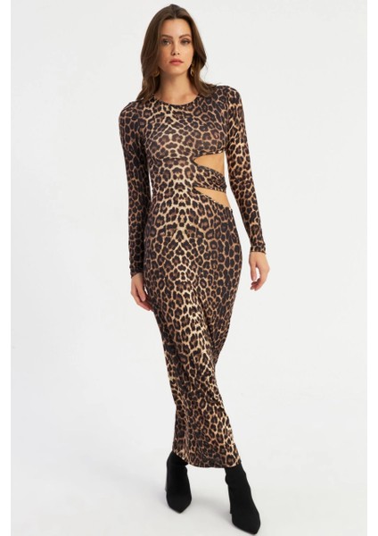 Kadın Camel-Siyah Dekolteli Leopar Maxi Yılbaşı Elbise Lik9 fiyatları
