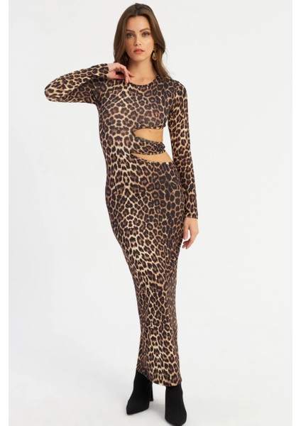Kadın Camel-Siyah Dekolteli Leopar Maxi Yılbaşı Elbise Lik9 fırsatları