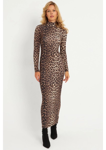Kadın Camel-Siyah Leopar Desenli Maxi Yılbaşı Elbise LİK07