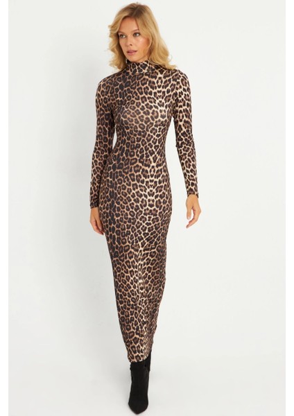Kadın Camel-Siyah Leopar Desenli Maxi Yılbaşı Elbise LİK07
