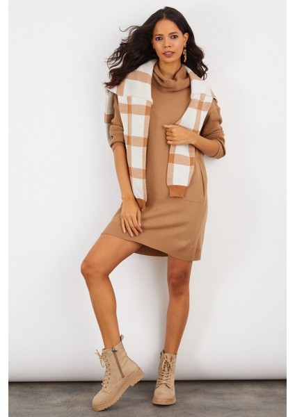 Kadın Camel Degaje Yaka Triko Mini Elbise YV73