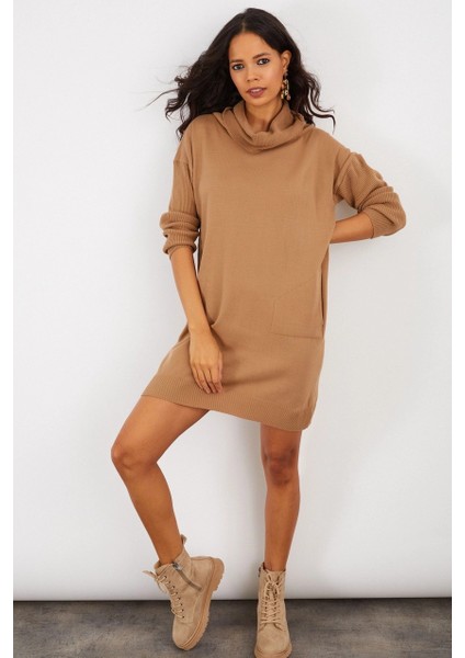 Kadın Camel Degaje Yaka Triko Mini Elbise YV73