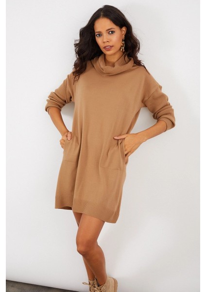 Kadın Camel Degaje Yaka Triko Mini Elbise YV73