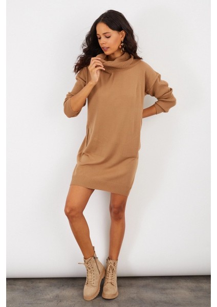 Kadın Camel Degaje Yaka Triko Mini Elbise YV73