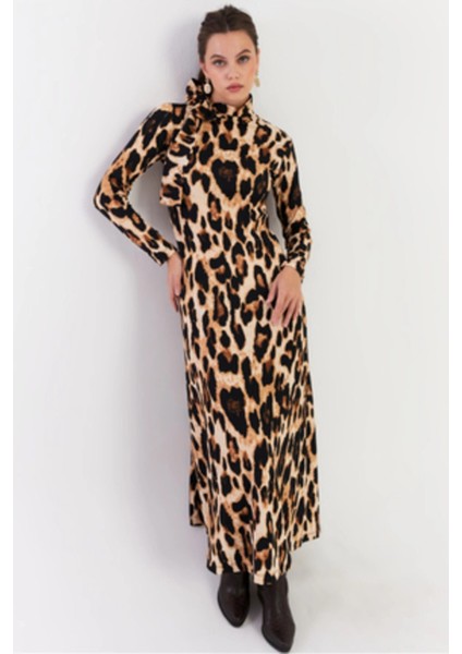 Kadın Camel-Siyah Boyun Bağlamalı Leopar Maxi Elbise EY2921