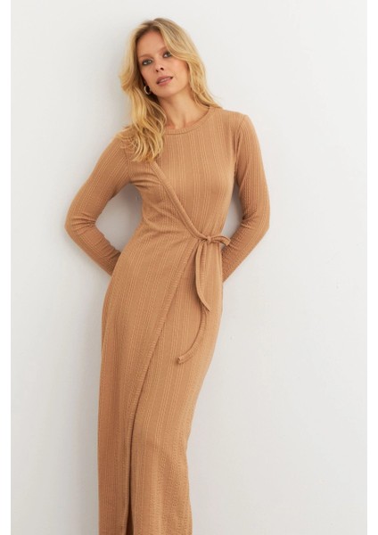Kadın Camel Kruvaze Maxi Elbise MTF31