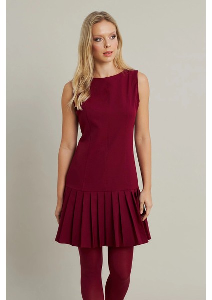 Kadın Bordo Etegi Pileli Mini Elbise FRY2265