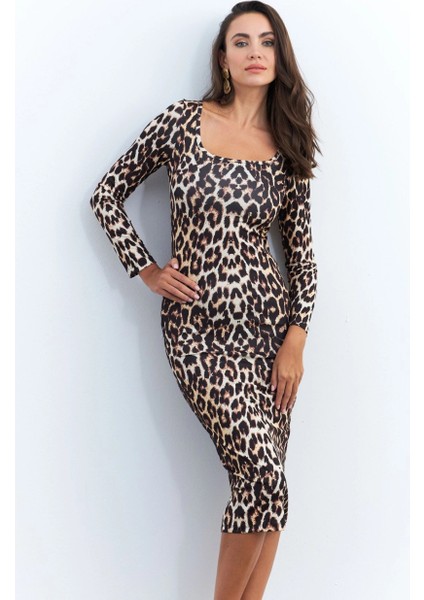 Kadın Camel-Siyah Leopar Midi Elbise RLO78