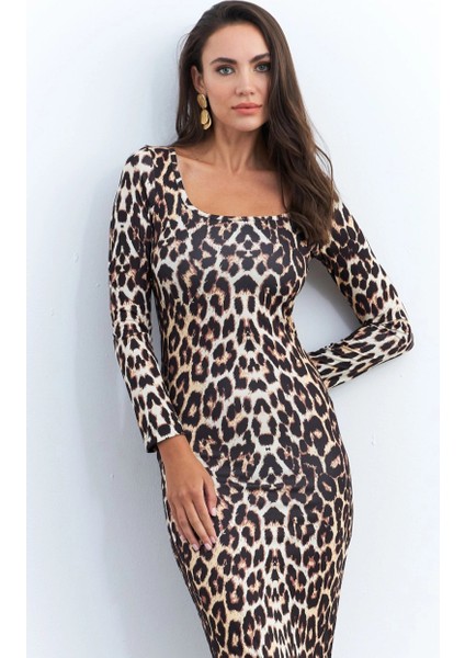 Kadın Camel-Siyah Leopar Midi Elbise RLO78