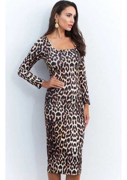 Kadın Camel-Siyah Leopar Midi Elbise RLO78